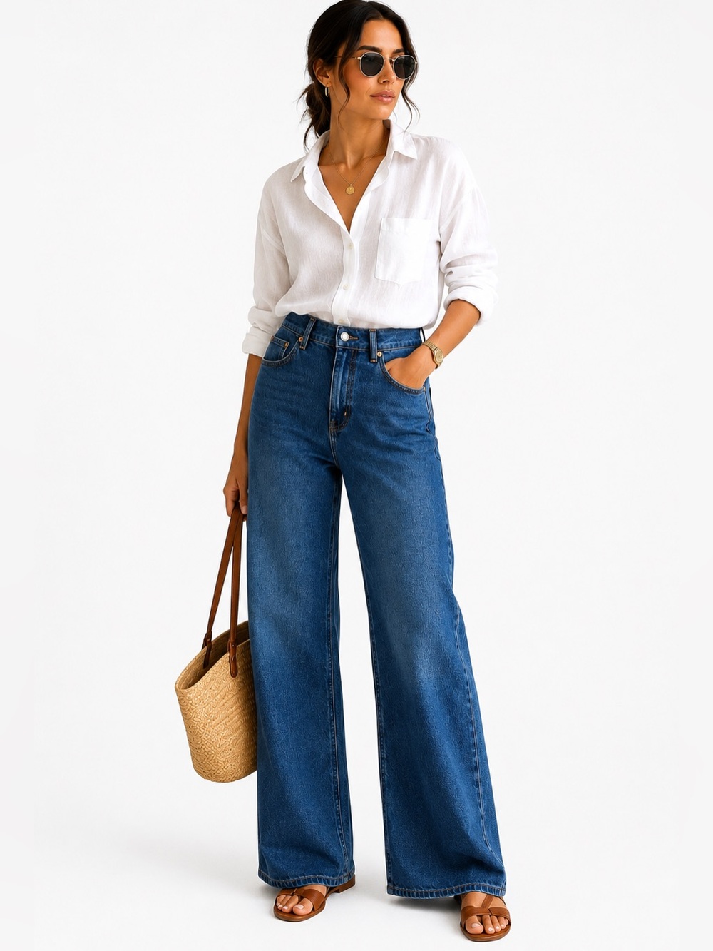 H&M Wide Leg High Rise Jeans Women's US 8 EU 40 Medium Wash Stretch Denim